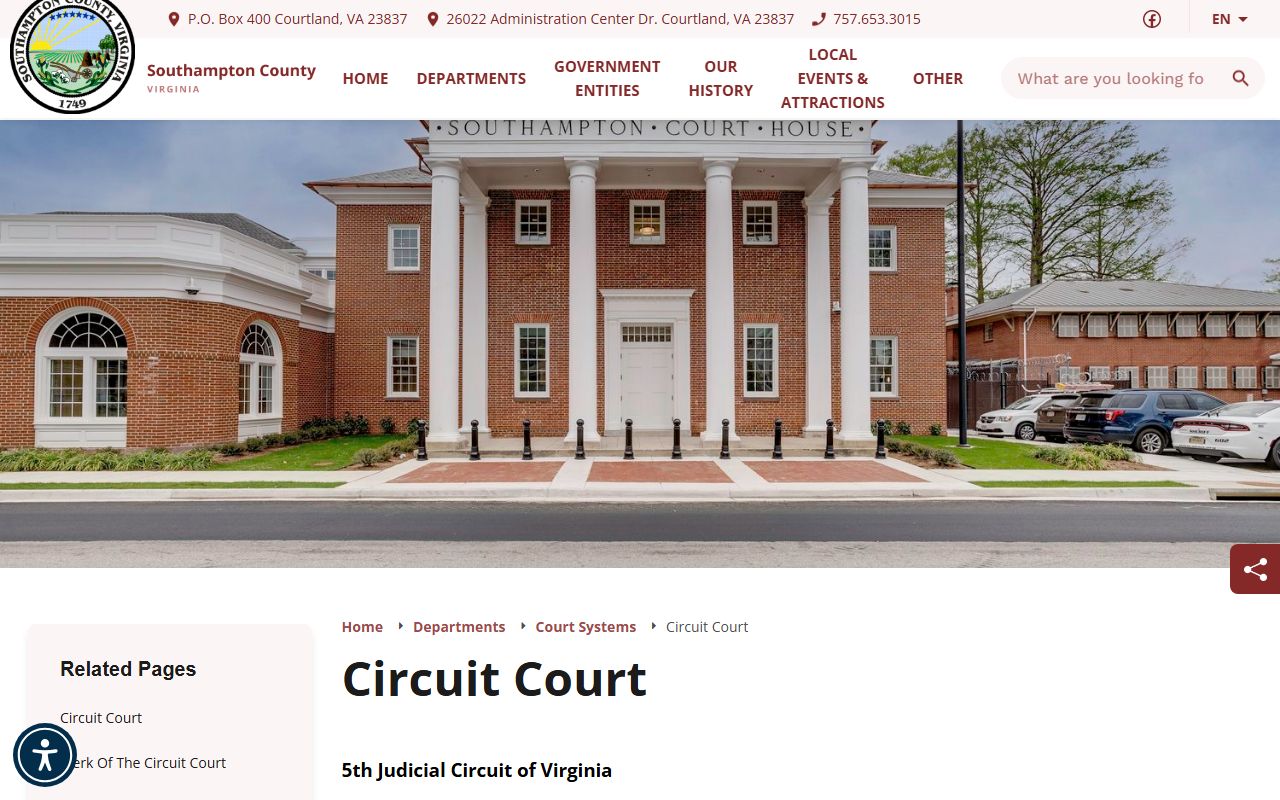 Southampton County court records after jail arrest Circuit Court contact page