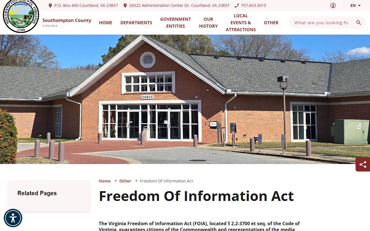 Southampton County Jail FOIA records contact for inmate booking records