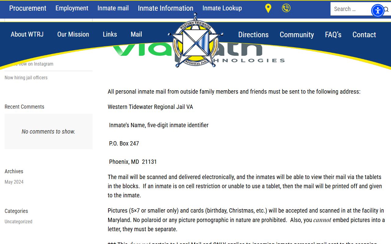 Western Tidewater Regional Jail mail rules for Southampton County inmate searches
